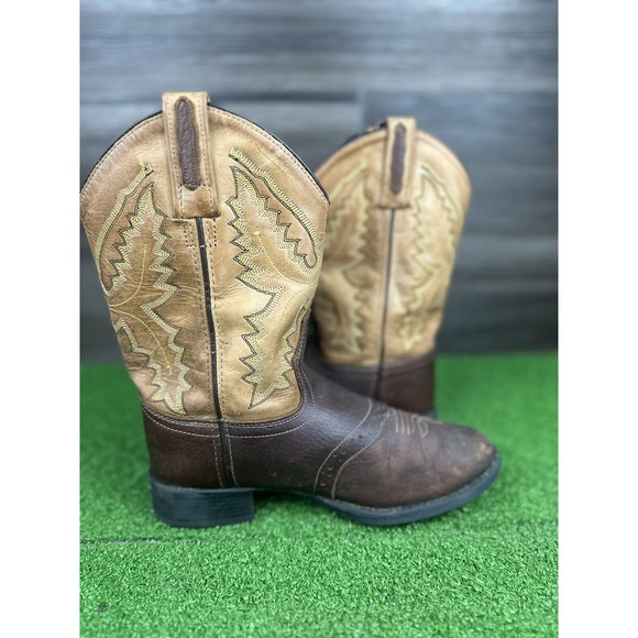 Old West Youth Kids Size 2.5M Shoes Brown Black Leather Western Cowboy Boot - Picture 2 of 6